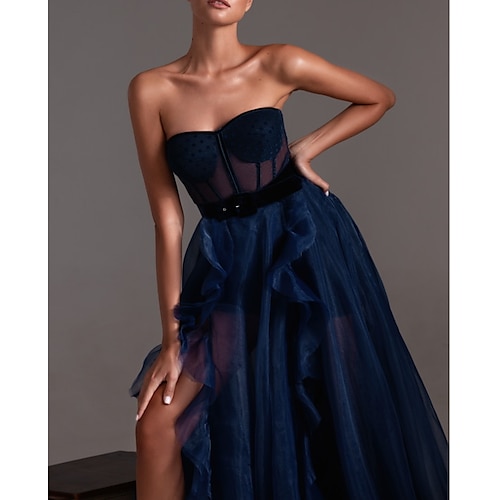 

A-Line Evening Dresses Sexy Dress Engagement Court Train Sleeveless Sweetheart Neckline Tulle with Pleats Ruffles Slit 2022 / Formal Evening