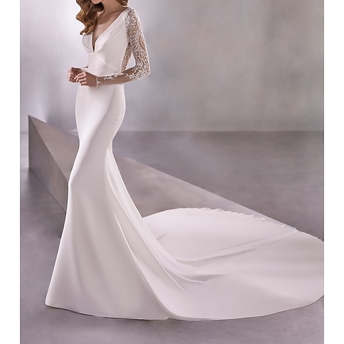 

Mermaid / Trumpet Wedding Dresses Plunging Neck Court Train Long Sleeve Country Illusion Sleeve with Lace Insert 2022