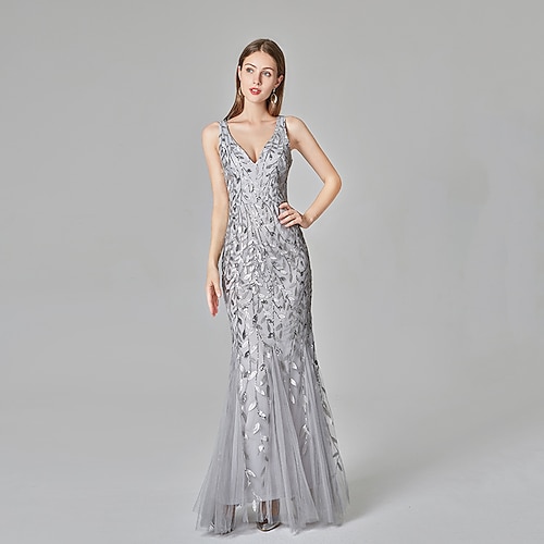 

Mermaid / Trumpet Sparkle Party Wear Formal Evening Dress V Neck Sleeveless Floor Length Tulle with Sequin Appliques 2022