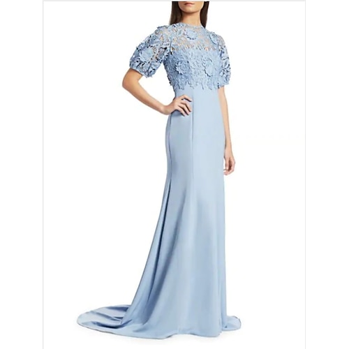 

Sheath / Column Mother of the Bride Dress Elegant Jewel Neck Sweep / Brush Train Polyester Short Sleeve with Appliques 2022