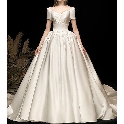 

Ball Gown Wedding Dresses V Neck Watteau Train Satin Short Sleeve Simple Elegant with 2022