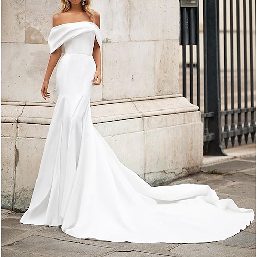 

Mermaid / Trumpet Wedding Dresses Off Shoulder Court Train Satin Short Sleeve Country Plus Size with Draping 2022