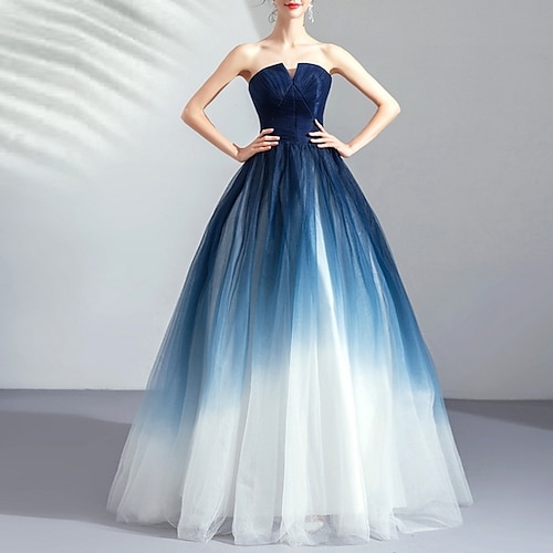 

Ball Gown Color Block Prom Formal Evening Dress Strapless Sleeveless Floor Length Tulle with Pleats Ruched 2022