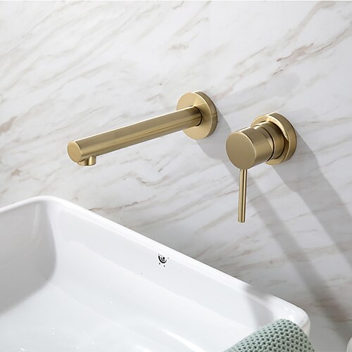 

Bathroom Sink Faucet - Brushed Gold Brass Concealed Basin Faucet Hot & Cold Water Mixer Tap Single Handle Wall Mounted