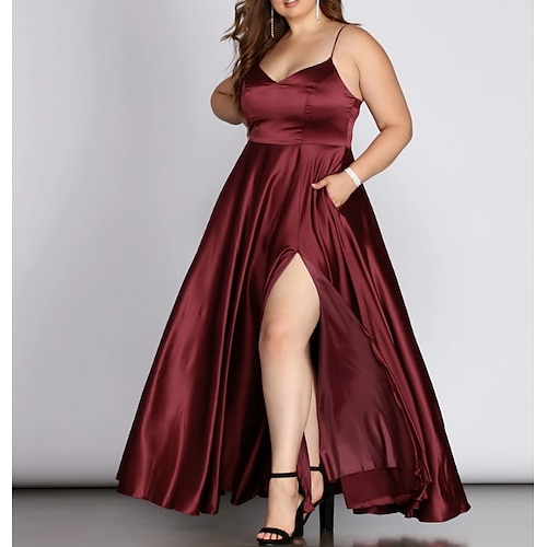 

A-Line Plus Size High Split Engagement Prom Dress V Neck Sleeveless Floor Length Charmeuse with Pleats Slit 2022