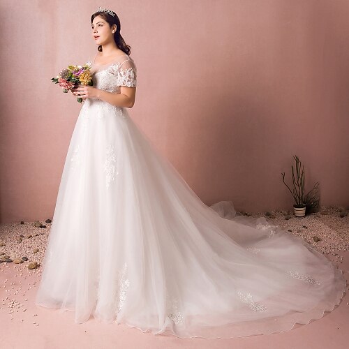 

A-Line Wedding Dresses Jewel Neck Watteau Train Satin Tulle Sequined Short Sleeve Formal Plus Size with Appliques 2022