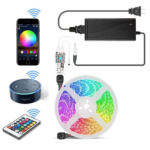 

5m 16.4ft WIFI Smart Led Strip Light RGB Color changing IP65 Waterproof Work with Alexa Google Tiktok 300 LEDs SMD5050 10mm 24Keys Remote Controller 1 X 12V 5A Power Supply APP Control