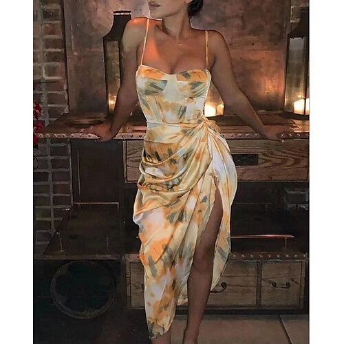 

Mujer Vestido tubo Amarillo Sin Mangas Estampado Con Tirantes S M L