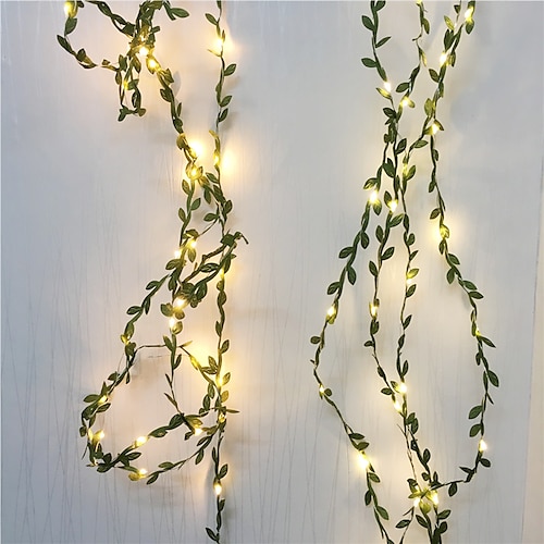 

5M 50Leds Tiny Green Leaves Garland Fairy Light Led Copper Wire String Lights For Wedding Forest Table Christmas Home Party Decoration Warm White Lighting AA Battery Power (come without battery)