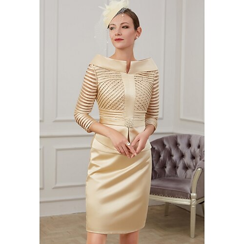 

Sheath / Column Mother of the Bride Dress Plus Size Off Shoulder Knee Length Polyester 3/4 Length Sleeve with Ruching 2022