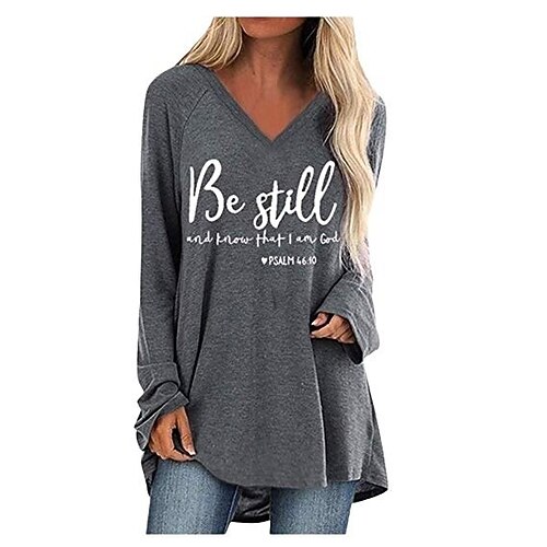 

Women's T shirt Tee Letter Daily Plus Size T shirt Tee Long Sleeve V Neck Loose Black Wine Camel S