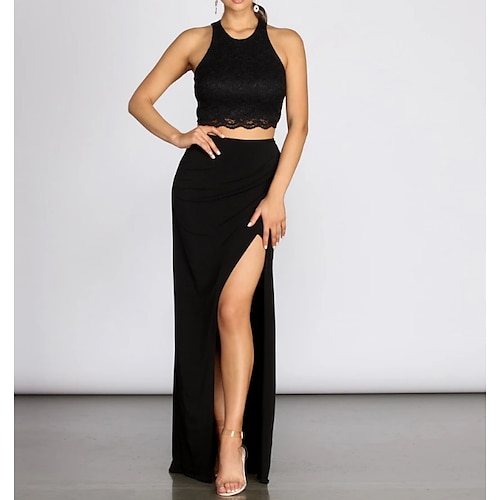 

Two Piece Prom Dresses Little Black Dress Dress Party Wear Floor Length Sleeveless Jewel Neck Polyester with Pleats Slit 2022
