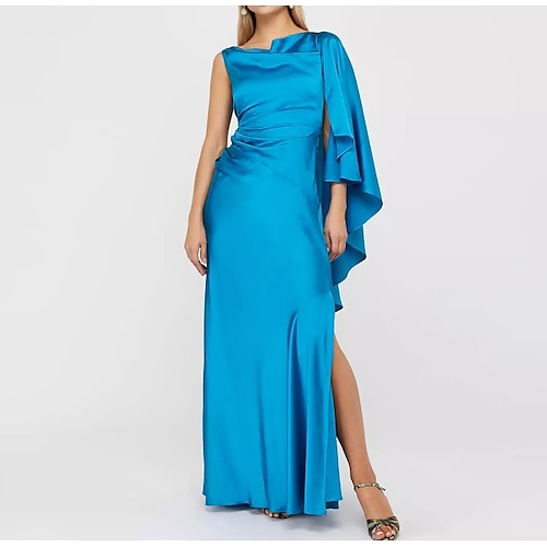 

Sheath / Column Evening Dresses Sexy Dress Wedding Guest Floor Length 3/4 Length Sleeve One Shoulder Polyester with Draping Slit 2022 / Formal Evening