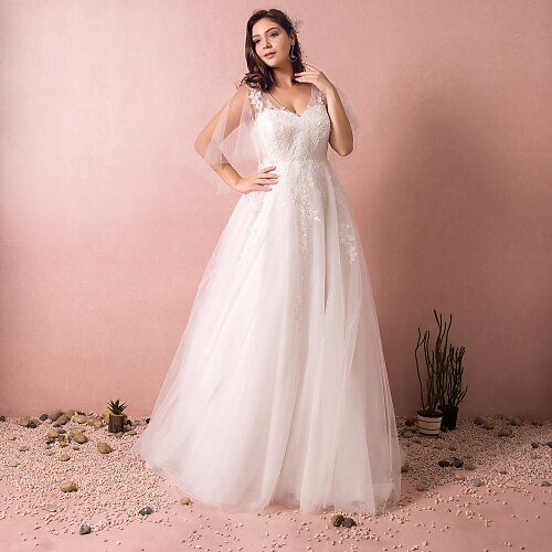 

A-Line Wedding Dresses V Neck Court Train Satin Tulle Half Sleeve Formal Plus Size with Appliques 2022