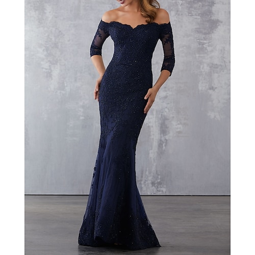 

Mermaid / Trumpet Elegant Wedding Guest Formal Evening Dress Off Shoulder Half Sleeve Sweep / Brush Train Lace with Beading Lace Insert Appliques 2022