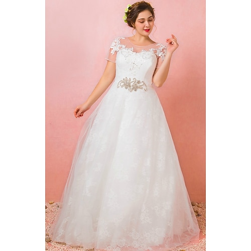 

A-Line Wedding Dresses Jewel Neck Floor Length Lace Satin Tulle Short Sleeve Formal Plus Size with Lace Crystals Appliques 2022 / Illusion Sleeve