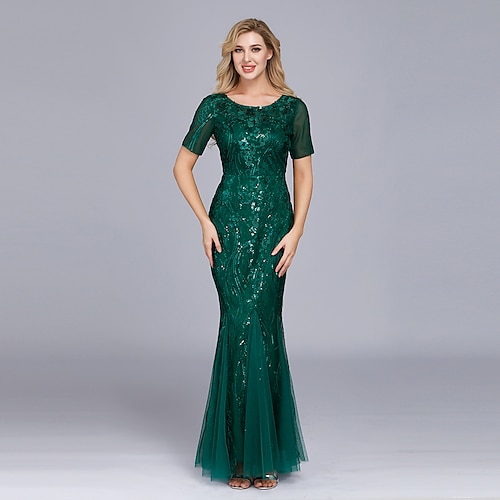 

Mermaid / Trumpet Sparkle Sexy Wedding Guest Formal Evening Dress Jewel Neck Short Sleeve Floor Length Tulle with Sequin 2022