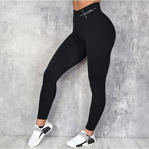 

Women's Sporty Basic Skinny Leggings Pure Color Letter Print Full Length Pants Daily Sports Stretchy Solid Colored Letter Cotton High Waist Skinny Blue Black Gray Wine S M L XL XXL / Yoga / Mid Waist