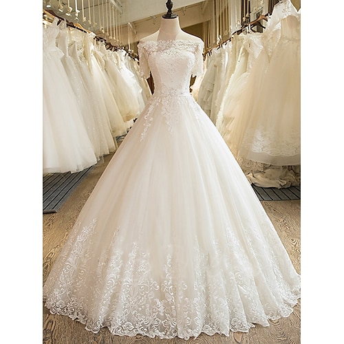 

A-Line Wedding Dresses Off Shoulder Court Train Lace Tulle Short Sleeve Sexy Wedding Dress in Color with Appliques 2022