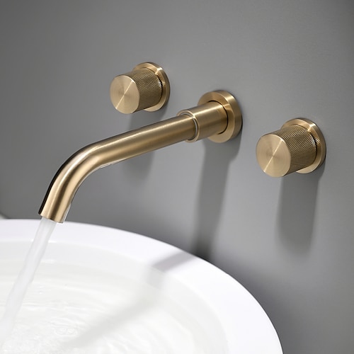

Bathroom Sink Faucet,Wall Mounted Brass Luxury Brushed Gold Finish Widespread Washroom Faucet Two Handles Three Holes Basin Sink Mixer Tap with Hot and Cold Switch