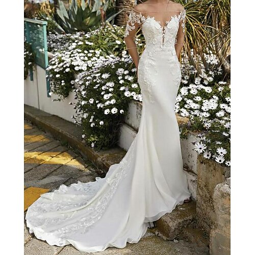 

Mermaid / Trumpet Wedding Dresses Off Shoulder Sweep / Brush Train Satin Tulle Half Sleeve Country Plus Size Illusion Sleeve with Embroidery Appliques 2022