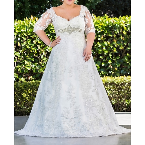 

A-Line Wedding Dresses Scoop Neck Sweep / Brush Train Lace Tulle Half Sleeve Country Plus Size with Lace Buttons Embroidery 2022