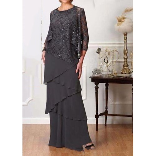 

A-Line Mother of the Bride Dress Elegant Jewel Neck Floor Length Chiffon 3/4 Length Sleeve with Cascading Ruffles 2022