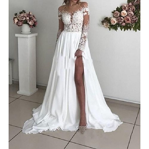 

A-Line Wedding Dresses Off Shoulder Sweep / Brush Train Chiffon Taffeta Stretch Satin Long Sleeve Country Sexy Plus Size with Lace Appliques Split Front 2022