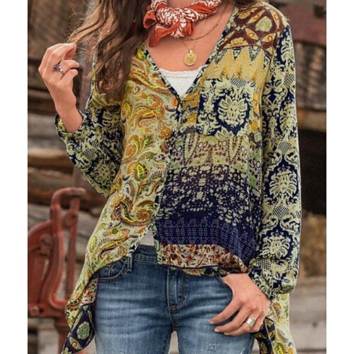 

Women's Blouse Shirt Geometric Print V Neck Tops Blue Red Yellow
