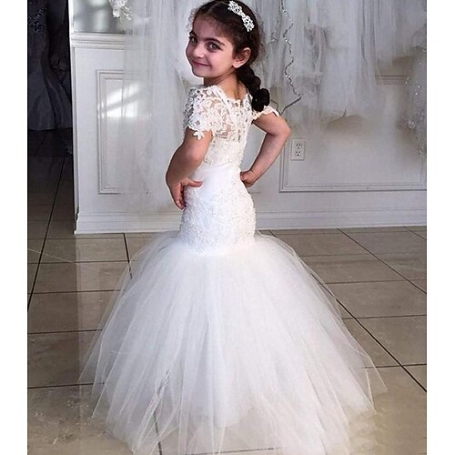 

Wedding First Communion Mermaid / Trumpet Flower Girl Dresses Jewel Neck Sweep / Brush Train Tulle Spring Summer with Appliques Pure Color Cute Girls' Party Dress Fit 3-16 Years