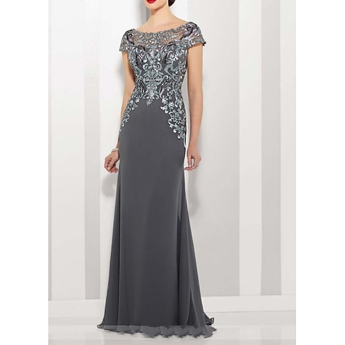 

A-Line Mother of the Bride Dress Elegant Jewel Neck Floor Length Chiffon Lace Short Sleeve with Lace Appliques 2022