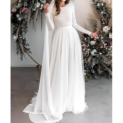 

A-Line Wedding Dresses Jewel Neck Floor Length Chiffon Lace Long Sleeve Country Plus Size with Lace Embroidery 2022