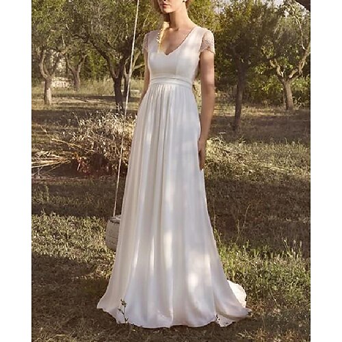 

A-Line Wedding Dresses V Neck Sweep / Brush Train Chiffon Lace Taffeta Short Sleeve Country Plus Size with Lace Buttons 2022