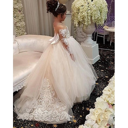 

Wedding First Communion Ball Gown Flower Girl Dresses Off Shoulder Court Train Satin Lace Winter Fall with Bow(s) Pure Color Cute Girls' Party Dress Fit 3-16 Years