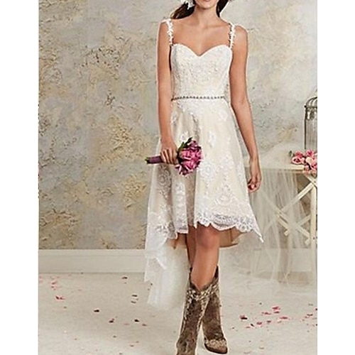 

A-Line Wedding Dresses Spaghetti Strap Asymmetrical Lace Tulle Sleeveless Country Plus Size with Lace 2022