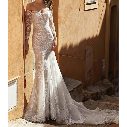 

Mermaid / Trumpet Wedding Dresses Off Shoulder Sweep / Brush Train Lace Tulle 3/4 Length Sleeve Country Plus Size with Embroidery 2022