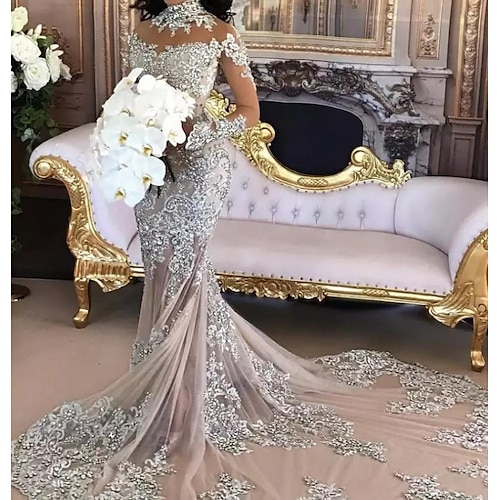 

Mermaid / Trumpet Wedding Dresses High Neck Court Train Lace Tulle Long Sleeve Formal Plus Size with Lace Insert Appliques 2022