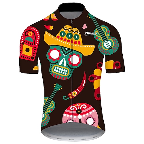 

21Grams Men's Cycling Jersey Short Sleeve Bike Jersey Top with 3 Rear Pockets Mountain Bike MTB Road Bike Cycling UV Resistant Cycling Breathable Quick Dry Black Green Skull Sugar Skull Floral