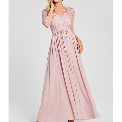 

A-Line Mother of the Bride Dress Elegant Jewel Neck Floor Length Chiffon Lace 3/4 Length Sleeve with Pleats Appliques 2022