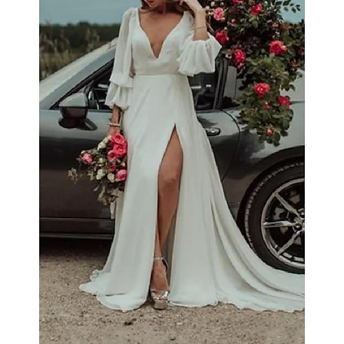 

A-Line Wedding Dresses Plunging Neck Sweep / Brush Train Chiffon Long Sleeve Country Plus Size with Draping Split Front 2022