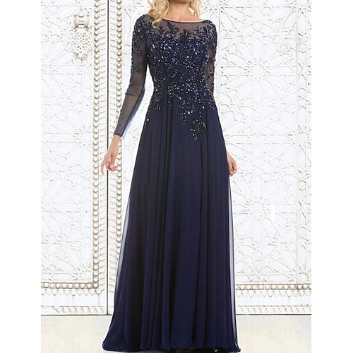 

A-Line Mother of the Bride Dress Elegant Illusion Neck Floor Length Chiffon Lace Long Sleeve with Lace Appliques 2022