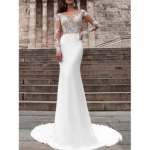 

Mermaid / Trumpet Wedding Dresses V Neck Off Shoulder Sweep / Brush Train Stretch Satin Long Sleeve Country Plus Size with Lace Buttons Embroidery 2022
