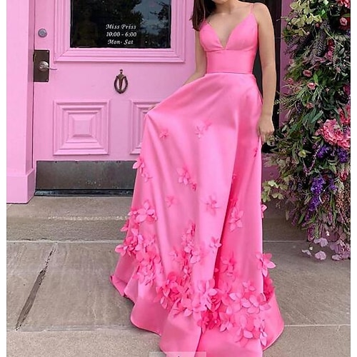 

Linea-A Abiti da ballo Florale Vestito Invitati del matrimonio Strascico a terra Senza maniche Con bretelline Raso con Con applique 2023