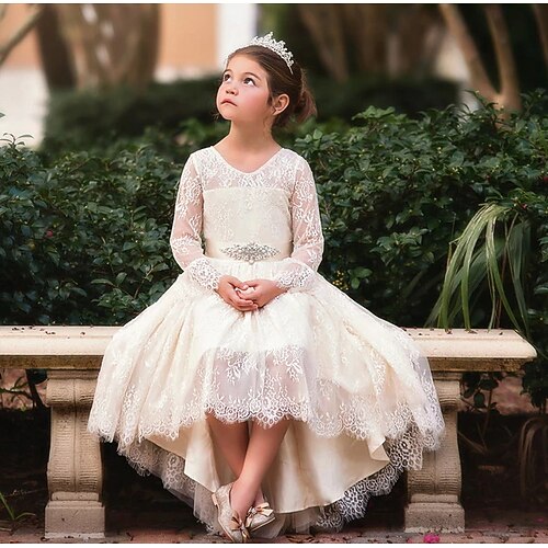 

Wedding Ball Gown Flower Girl Dresses V Neck Asymmetrical Lace Winter Fall with Bow(s) Appliques Cute Girls' Party Dress Fit 3-16 Years