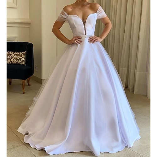 

A-Line Wedding Dresses Off Shoulder Sweep / Brush Train Tulle Short Sleeve Country Plus Size with Crystal Brooch 2022