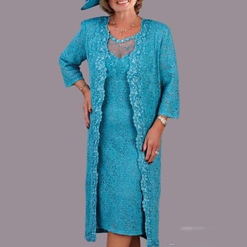 

Sheath / Column Mother of the Bride Dress Vintage Illusion Neck Knee Length Lace Short Sleeve with Lace 2022