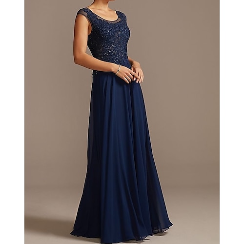 

A-Line Mother of the Bride Dress Elegant Jewel Neck Floor Length Chiffon Lace Sleeveless with Lace Pleats Appliques 2022