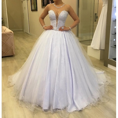 

A-Line Wedding Dresses Jewel Neck Sweep / Brush Train Long Sleeve Country Plus Size with Crystals 2022