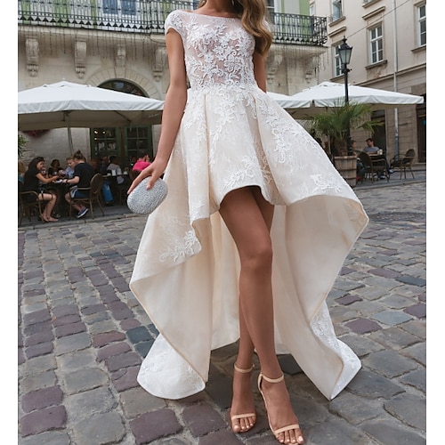 

A-Line Wedding Dresses Bateau Neck Asymmetrical Lace Taffeta Tulle Short Sleeve Country Plus Size with Embroidery Appliques 2022