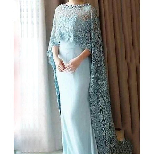 

Sheath / Column Mother of the Bride Dress Elegant Jewel Neck Floor Length Chiffon Lace 3/4 Length Sleeve with Lace Appliques 2022